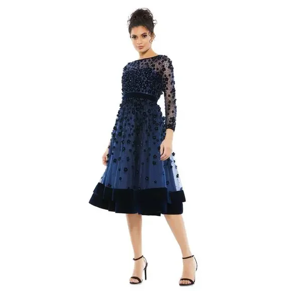 Mac Duggal Velvet Embellished Illusion High Neck 67007 Dress Midnight Size 8 - Picture 1 of 15